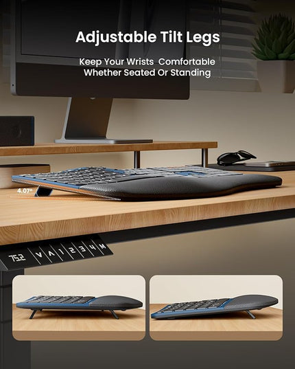 ProtoArc Ergonomic Wireless Keyboard Mouse, EKM01 Plus Full Size Ergo Bluetooth Keyboard Mouse Combo, Split Design, Wrist Rest, Multi-Device, Rechargeable, for Windows/Mac OS - Blue
