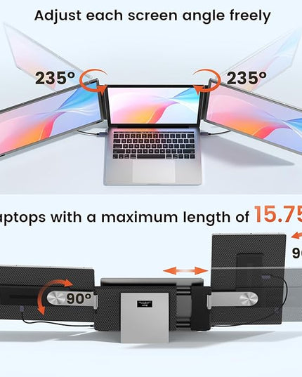 UK BONITOYS 15.6" Laptop Screen Extender, 1080P FHD Laptop Monitor Extender with 120% sRGB, 235°Rotation Detachable Dual Monitor, Plug & Play, Triple Screen Compatible with Windows, Mac, Chrome