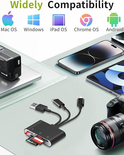 XD Card Reader for Olympus Fujifilm, 3-in-1 XD Picture Card Adapter with Lightning/USB-A/USB C for iPhone 17/16/15/14/13/12 iPad Android PC, Memory Cards Reader for SD/TF/XD Cards and Digital Cameras