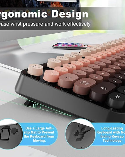 FOPETT Wireless Keyboard and Mouse Combo - 2.4G Full-Sized Cute Colorful Mouse and Keyboard with 104 Round Keys Retro Typewriter Keyboard for Laptop/Windows/PC - Pink Gradient