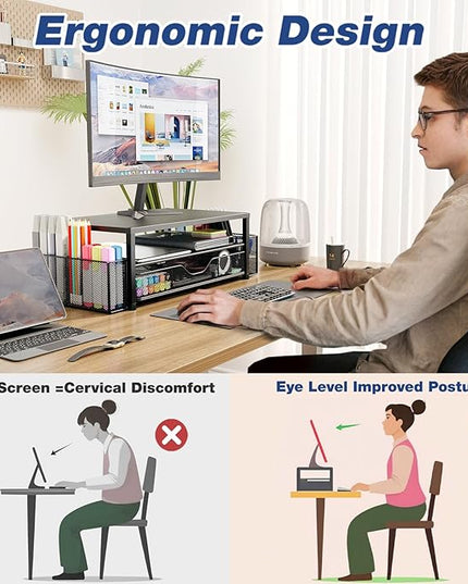 OPNICE Desk Organizer and Accessories, 2-Tier Computer Monitor Stand Riser with Drawer and 2 Pen Holders, Laptop Stand, Office Desk Accessories for Office Supplies, Black