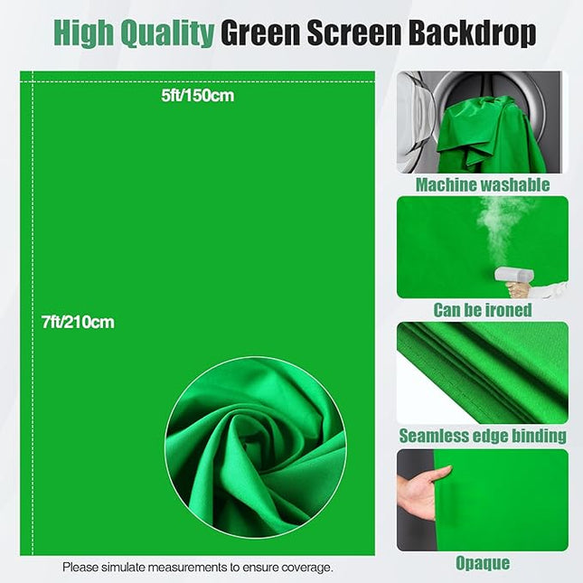Green Screen Backdrop Kit, 5×7ft Portable Greenscreen Background with Adjustable T-Shaped Stand, 5 Clamps, Carrying Bag for Parties, Streaming, Photography, Zoom, Gaming, Video Studio