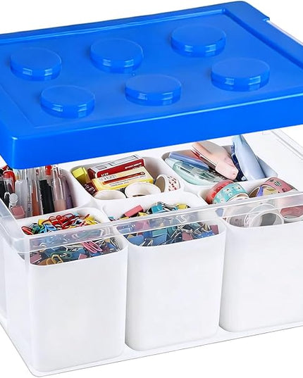 loobuu Plastic Storage Bins with Lids, Art Craft Supply Organizer Box with Brush Pot, Multipurpose Stackable Storage Containers for Organizing Tool, Craft, Crayon,Sewing (Blue)