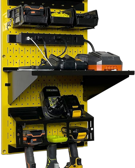 Wall Control Power Tool Storage Organizer Kit Cordless Drill Holder Charging Station Rack 16” x 32” Metal Pegboard Organization System (Yellow Pegboard)