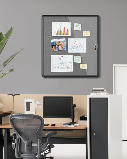 Mifuro 28"x26" Enclosed Bulletin Board, Lockable Weather-Resistant Aluminum Cork Noticeboard for School & Office, Black Frame w/Grey Flet