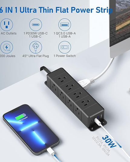 30W USB C Power Strip Surge Protector,Ultra Thin Flat Plug Power Strip 4 Side 12 Outlets,1 PD Fast Charing,2 USB-C, 2 USB-A(4 USB Total 40W),6ft Slim Extension Cord,16 in 1 Desk Power Bar,1200J Black