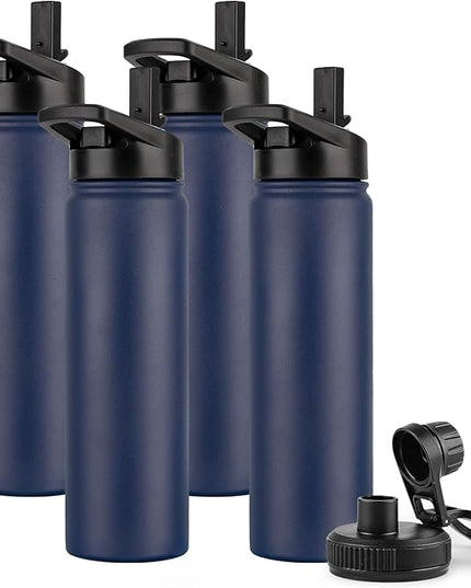 DOMICARE Insulated Water Bottle, 22 oz Vacuum Insulated Stainless Steel Reusable Sports Bottle with Straw Lid & Spout Lid for Travel, Camping, Bike, Leakproof, Navy Blue, 4 Pack