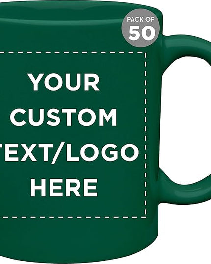 Custom Ceramic Coffee Mugs 11 oz. Set of 50, Personalized Bulk Pack - Coffee cup set, Iced coffee cup, Gaming mug - Green