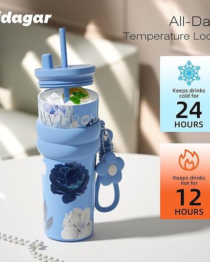 24 oz Stainless Steel Tumbler with Lid and Straw, Insulated Coffee Mug, Leak Proof, Portable Iced Travel Water Bottle, Reusable Thermal Coffee Cup, Floral Blue