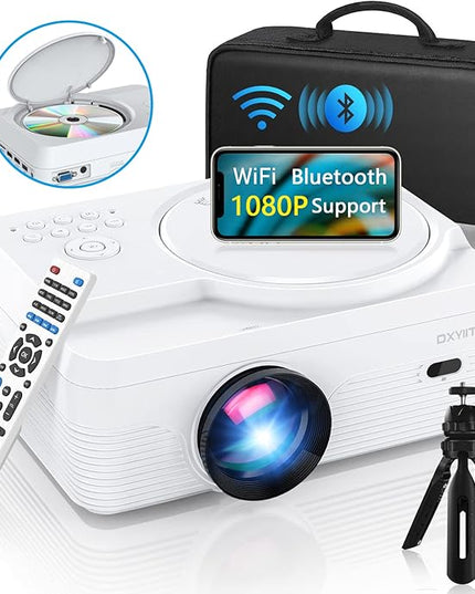 Full HD WiFi Bluetooth Projector Built in DVD Player, 12000LM 1080P Supported, Portable Mini DVD Projector for Outdoor Movies, 250" Home Theater, Compatible with iOS/Android/TV Stick/PS4/HDMI/USB/TF