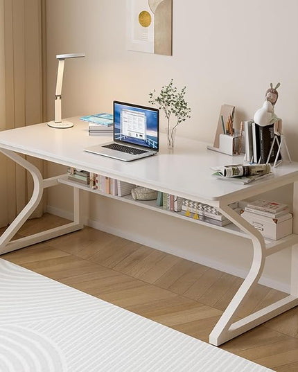 Extra Long Desk with Bookshelf - 55" Double Long Writing Table for 2-Person Workstation, Modern Study Work Computer Desk for Home and Office, Warm White