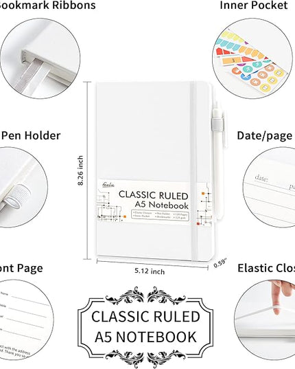 feela 12 Pack Notebooks Journals Bulk, Hardcover Notebook Classic Ruled Lined Journals with Pen Holder for Women Girls School Business Supplies, with 12 Black Pens, 120 GSM, 5.1”x8.3”, A5, White
