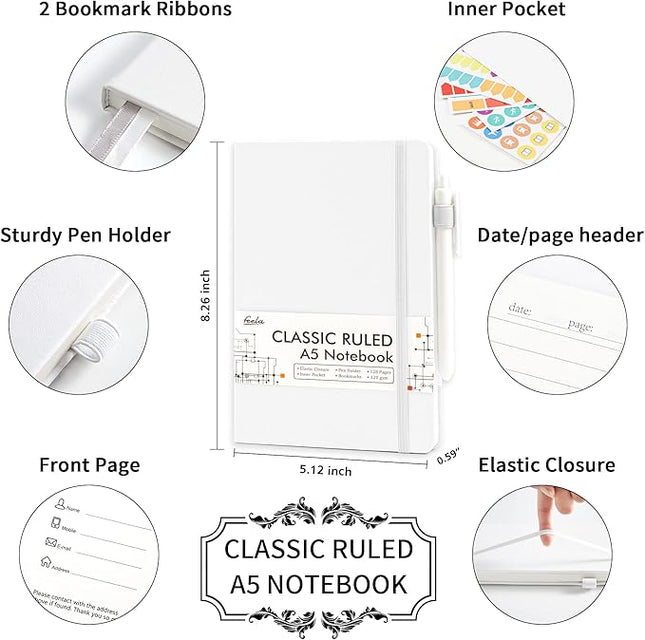 feela 3 Pack Notebooks Journals Bulk, Hardcover Notebook Classic Ruled Lined Journals with Pen Holder for Women Girls School Business Supplies, with 3 Black Pens, 120 GSM, 5.1”x8.3”, A5, White