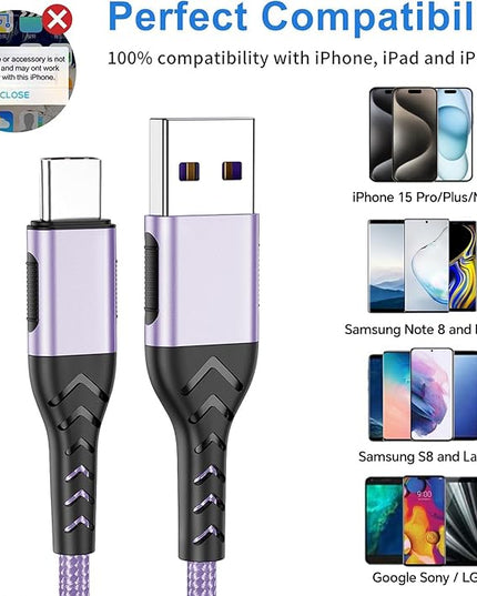 Durcord USB C Charger Cable, 2Pack 6ft USB Charger Fast Charging Type C Cord Cable, Type C Charger Cable Compatible with iPhone 15 Pro/Plus/Max/Android/Phone/Pad-Light Purple