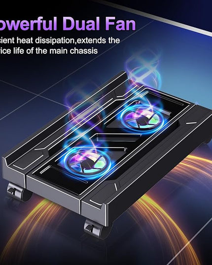 Adjustable Computer Tower Stand with Cooler Fan and Light, PC Stand for Floor, Mobile CPU Holder with 4 Caster Wheels Fits Most PC Tower, Under Desk CPU Holder for Office,Gamers and Students
