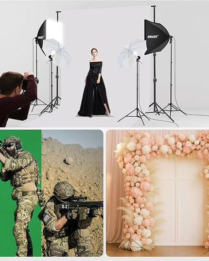 EMART 10 x 10 ft Heavy Duty Backdrop Support System, Professional Photography Lighting Kit with 5500K 50W LED, 10 * 15ft Backdrop *3, Reflector, Umbrellas&Softbox Lighting Kit for Studio, Portrait