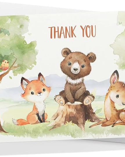 Twigs Baby Shower Thank You Cards with Envelopes - 12 Set Baby Shower Cards for Girl, New Baby Congratulations Cards, Welcome Baby Card, Made in the USA - Forest Animal Designs, 5.5 x 4.25 Inch Size