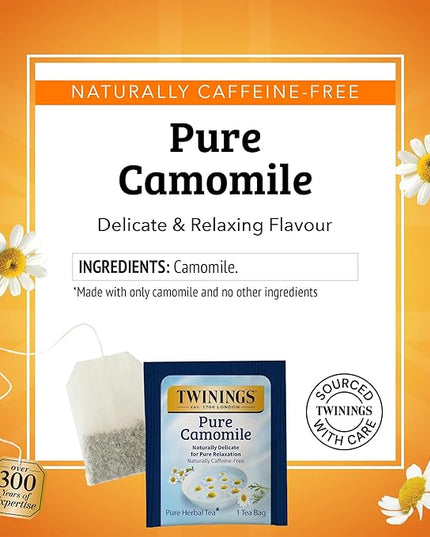 Twinings Pure Camomile Herbal Tea individually Wrapped Bags, 50 Count (Pack of 6), Naturally Caffeine-Free, Enjoy Hot or Iced, 300 Teabags