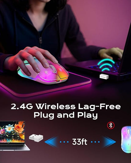 memzuoix 2.4G LED Wireless Mouse, Rechargeable Ergonomic Mouse with Detachable Cover, 1200 DPI Portable Optical Computer Mouse with USB Receiver for Laptop, PC, Desktop and MacBook, 5 Buttons-Pink