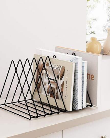 Urban Deco Triangle Desk Organizer - Metal Wire Magazine Holder, 10 Sections, Decorative File Folder Organizer, Vinyl Record Storage, Office File Holder - Black