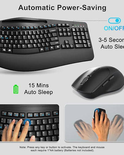 Wireless Keyboard and Mouse Combo, 2.4G Full Size Wave Keys Ergonomic Keyboard with Wrist Rest, Phone Holder, 3-Level DPI Wireless Silent Mouse with 6-Buttons, for Windows, Mac OS, Laptop, PC (Black)