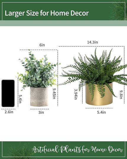 Coferset 13.5" Small Fake Plant Fern Potted Artificial Plants Fake Fern for Shelf Home Bathroom Office Decor(Gold Mental Pot)