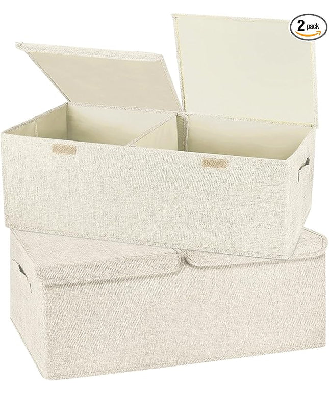 2 Pack Large Storage Boxes with Lids and Handles, Collapsible Linen Storage Bins Organizer Containers Baskets Cube with Removable Divider for Home Bedroom Closet Office (Cream, Small)
