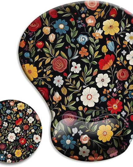 Ergonomic Mouse Pad with Wrist Support,Mouse Pad with Wrist Rest and Coaster Set,Office Supplies Non-Slip Mouse Pads for Desk, Non-Slip Comfortable,Black Floral