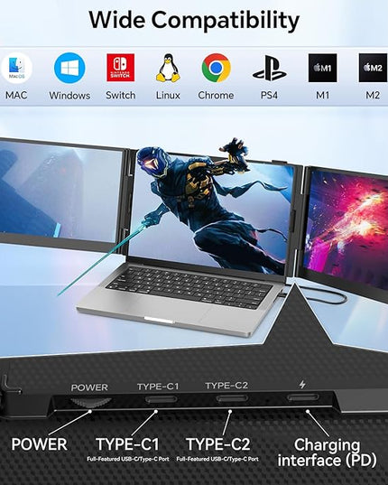 POTTMACEE 14.2’’ Triple Laptop Screen Extender, 0.17" Ultra-Slim FHD 1080P Portable Monitor for Laptop, Tri-Screen Travel Monitor Extender, Plug-Play for Windows/Mac/Chrome, Fit 13”-17.3” Laptops