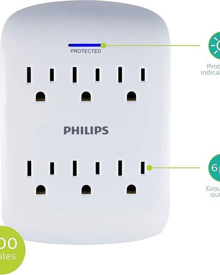 Philips 6-Outlet Extender Surge Protector, 2 Pack, Wall Tap, 900 Joules, 3-Prong, Space Saving Design, Protection Indicator LED Light, ETL Listed, White, SPP3466WA/37