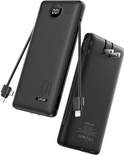 VRURC Portable Charger with Wall Plug, 10000mAh Slim Portable Charger Built in Cables,PD 20W Fast Charging Power Bank with Cords,USB C Portable Phone Charger Travel Accessories -Black(1 Pack)
