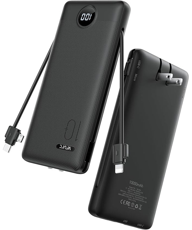 VRURC Portable Charger with Wall Plug, 10000mAh Slim Portable Charger Built in Cables,PD 20W Fast Charging Power Bank with Cords,USB C Portable Phone Charger Travel Accessories -Black(1 Pack)