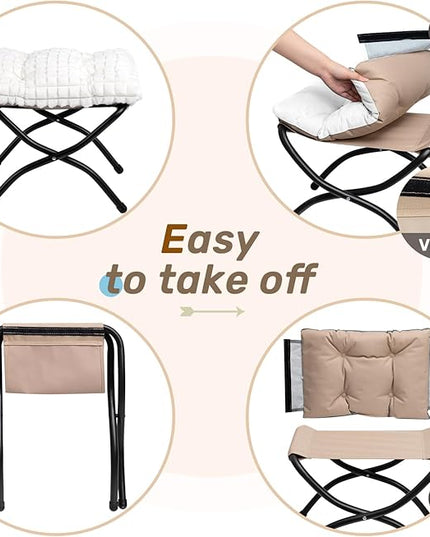 HollyHOME 15"(H) Folding Footrest Stool, Upholstered Small Foldable Ottoman, Accent Padded Sofa Foot Stool for Lazy Chair, Metal Portable Foot Rest Ottoman for Living Room, Bedroom, Faux-Fur White