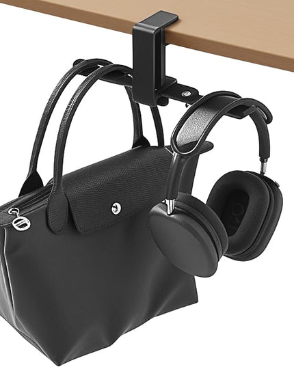 blingwider 2 Hooks Aluminum Foldable Headphone Holder for Desk, Headset Stand for Desk,Backpack Holder Hook for Desk,Table Bag Hook,Under Desk Clamp Hook for Gaming PC Accessories,Black