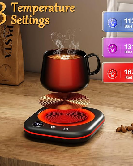 Mug Warmer Upgraded,Coffee Mug Warmer for Desk LEDs Light 3 Temp Settings (113-167°F) 1-12H Timer 4 H Auto Shut Off Beverage Cup Candle Warmer for Coffee Tea Milk(Black)