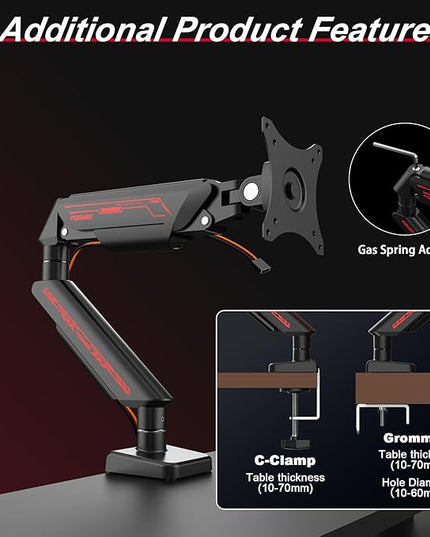 Monitor Arm for 17-35" Screens up to 24.2 lbs, Ergonomic Gas Spring Monitor Stand with Height Adjust, Tilt, Swivel & Cable Management, VESA Desk Mount with 2 Types of Installation, Black