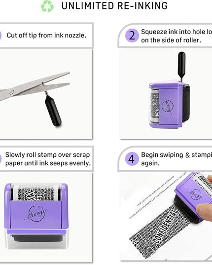 Miseyo Identity Theft Protection Roller Stamp Set - Purple (6 Refill Ink Incleded)