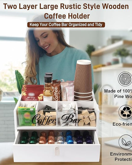 Intarsio 2-Tier Coffee Bar Organizer with Clear Acrylic Top, Built-in Drawer and Leather Handle Pull for Countertop, Stylish Coffee Station Storage Box for Accessories, Pods, Great Gifts for Home