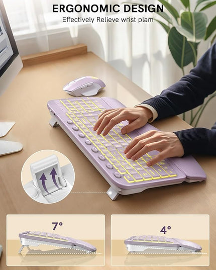 SABLUTE Ergonomic Wireless Keyboard and Mouse Combo - Wave Keyboard with Soft Leather Wrist Rest, Resistant Keys, RGB Backlit Rechargeable Set for PC/Mac/Chromebook (Lavender Purple)