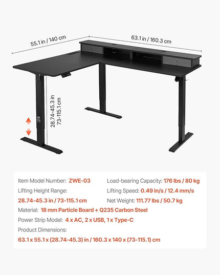 VEVOR L Shaped Electric Standing Desk with 2 Drawers, 63 x 55 inch Adjustable Height Corner Desk with Storage, Sit Stand up Computer Table with Light Strips for Office Home, Easy to Assemble, Black
