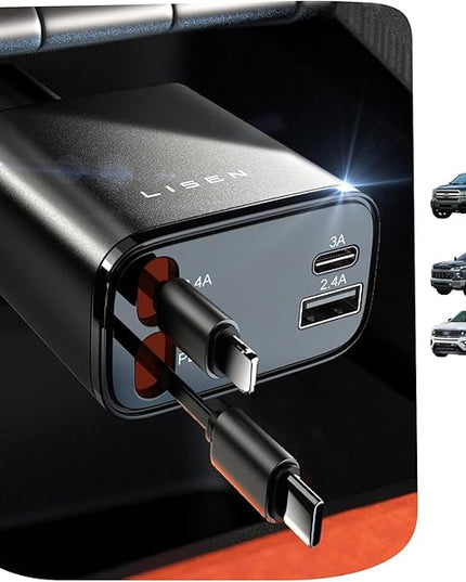 LISEN Long Retractable Car Charger 4 in 1 (47.2in Cable), 69W USB C Car Charger for Truck & Uber Drivers, Truck Accessories Fast Charging for iPhone 17 16 15 14 13 12 11 X Series, Uber Signs for Car