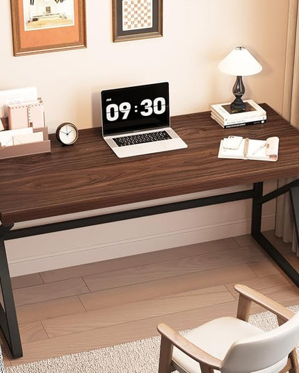 HSH Walnut Computer Desk, Industrial Modern Metal Wood Desk Workstation, Rustic Executive PC Laptop Work Desk Table for Home Office, Simple 55 Inch Writing Study Gaming Desk in Bedroom Living Room