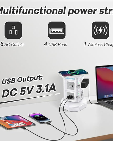 Power Strip Surge Protector, ODOM Power Strip Tower with 15W Fast Wireless Charger, 4 USB Ports + 6 Outlets + 6 Feet Retractable Extension Cord, Multiple Plug Charging Tower for Home Office Dorm
