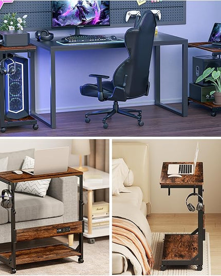 Height Adjustable Computer Tower Stand with Charge Station and USB Charging Port, 2-Tier ATX-Case Cart, Under Desk Mobile PC Stand, CPU Holder Cart with Locking Caster Wheels for Fits Most PC
