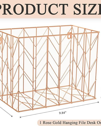 Beramon 1 Pack Rose Gold Hanging Folder Desk Organizer Decorative Organizer Metal Wire Baskets Suitable for Hanging file folder Design for Home Offices Supplies, 9.4 X 11.8 Inch