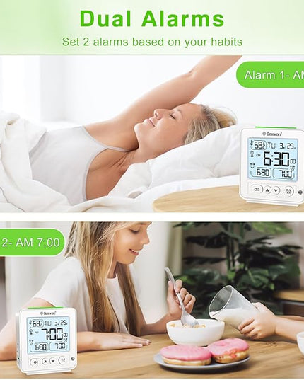 Geevon Small Digital Alarm Clock for Heavy Sleepers, Portable Travel Atomic Clock with Battery Powered, Compact Desk Table Clock with Auto Light Night, Dual Alarms, 8s Backlight for Bedroom, White
