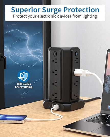 Surge Protector Power Strip Tower with USB Ports, 15 FT Extension Cord Tower with 16 Widely Spaced Outlets 4 USB Ports, 1080 Joules, Overload Protection, Flat Plug Power Strip for Home, Office, Black