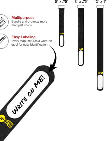 Wrap-It Storage Cinch-Straps (Assorted 16-Pack) Black - Hook and Loop Strap with Write on Label for Easy Cord Identification and Cable Management