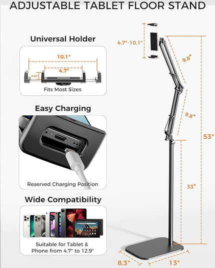 Tablet Floor Stand, 360-degree Rotatable Metal Tablet Stand Holder, Adjustable Kindle Holder, Universal Phone Stand for iPad/iPhoneX/iPad Pro or Other 4.7~12.9 Inch-Screen Devices (Black)