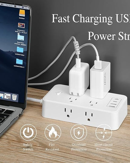 10FT Power Strip Extension Cord Surge Protector with 8 Outlets and 2 USB & 2 USB-C Port(5V 3.1A),Bold Extension Cord with Fuse Surge Protected Power Strip for Home Office (White)
